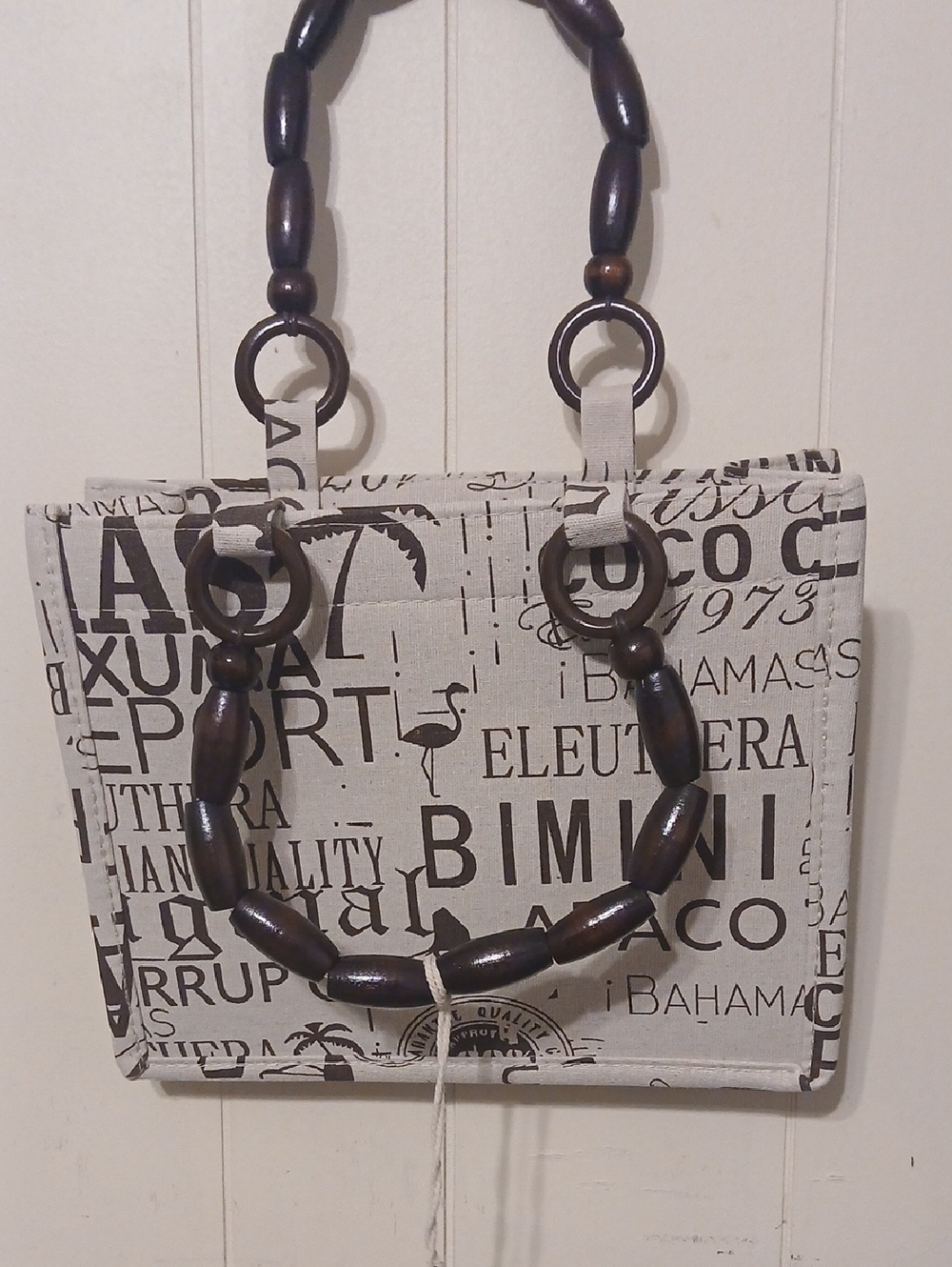 Printed Canvas Tote with Dark Wood Bead Handle - Neutral